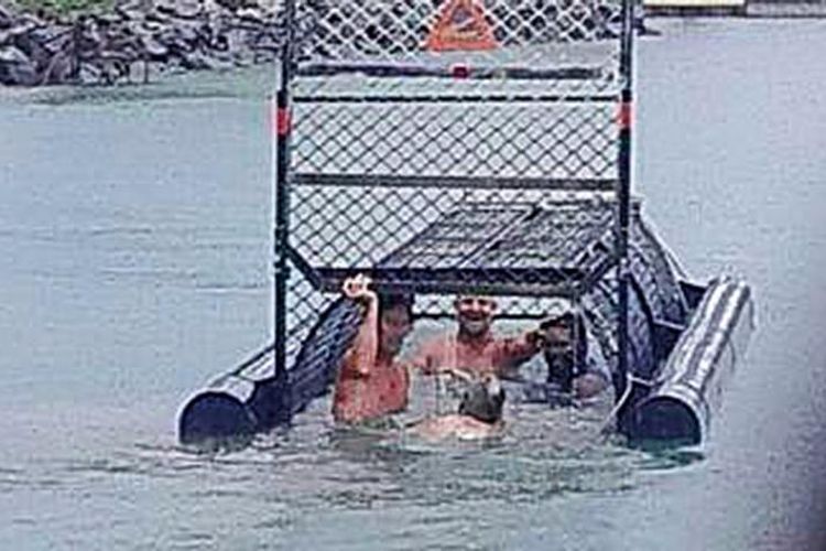 Sekelompok pria berenang di perangkap buaya di marina, Pelabuhan Douglas, Queensland, Australia. (Stacy W Clayton/Facebook)