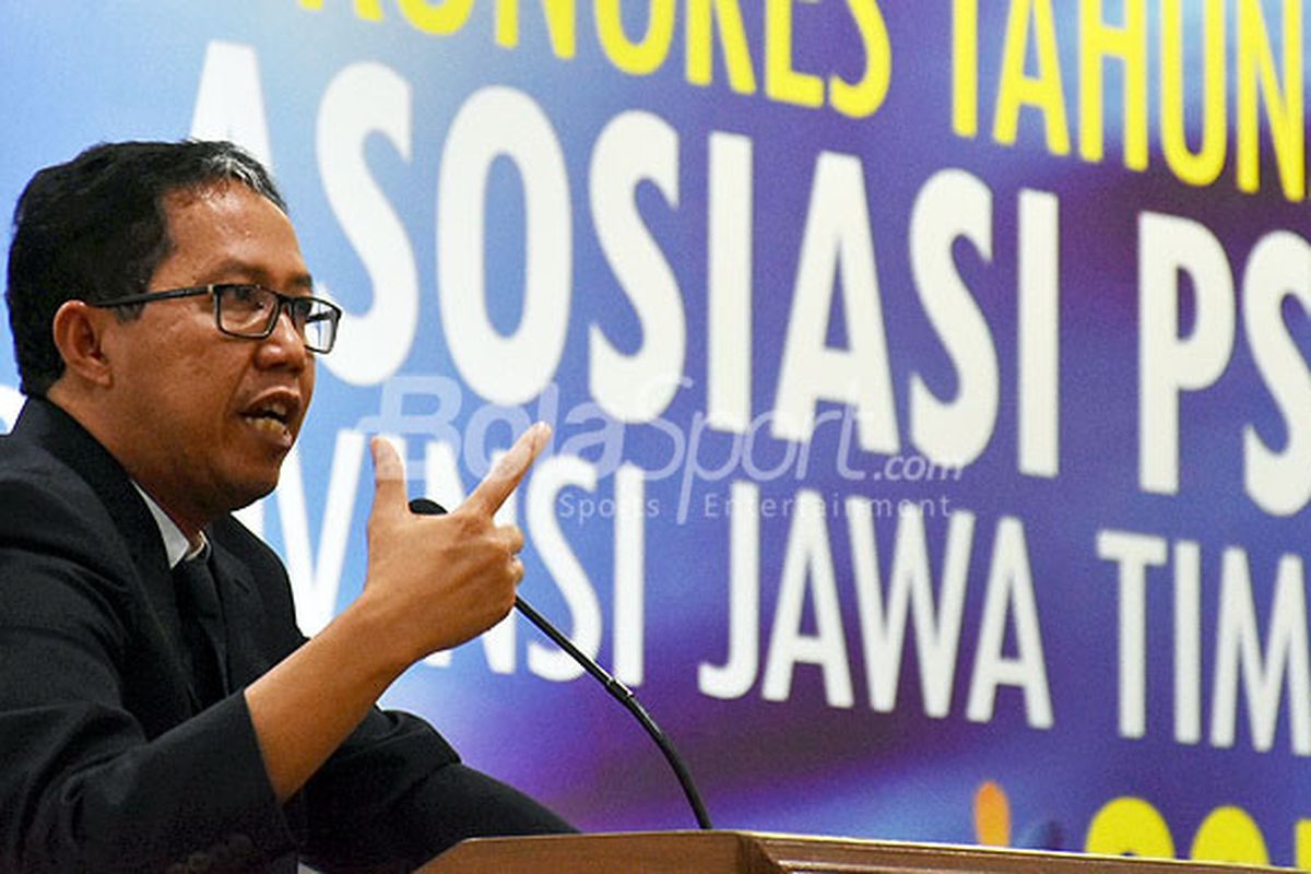 Wakil Ketua Umum PSSI, Joko Driyono, saat memberikan sambutan dalam Kongres Tahunan PSSI Jawa Timur yang berlangsung selama dua hari, 25-26 Oktober 2017, di Hotel Agro Kusuma Batu, Jawa Timur, Rabu (25/10/2017).