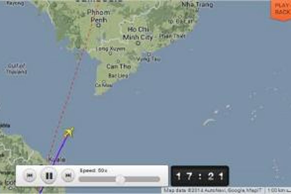 Lokasi kontak terakhir Malaysia Airlines MH370 sebelum dinyatakan hilang pada Sabtu (8/3/2014) pukul 02.40 WIB