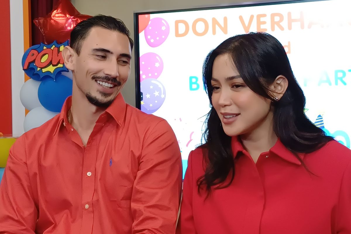 Pasangan artis Vincent Verhaag dan Jessica Iskandar saat perayaan ulang tahun anak kedua mereka Don Verhaag yang ke-3 tahun di Thamrin, Jakarta Pusat, Rabu (7/5/2025).