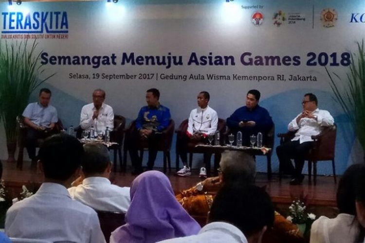 Harian Kompas dan PP Kagama menggelar diskusi terkait persiapan Indonesia menggelar Asian Games 2018, di Aula Wisma Kemenpora, Jakarta, Selasa (19/9/2017).
