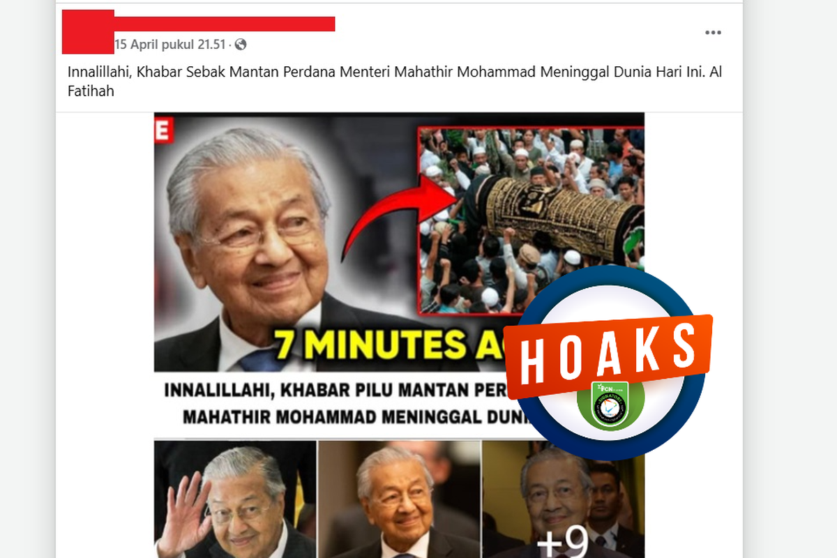 Tangkapan layar Facebook narasi yang mengeklaim Mahathir Mohamad meninggal dunia pada April 2025