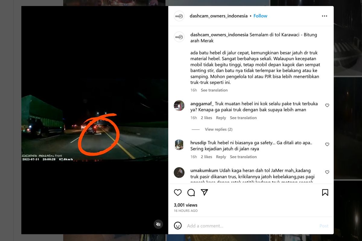 Mengemudi di jalan tol membutuhkan konsentrasi tinggi. Bukan hanya karena mengendarai dalam kondisi kencang tapi juga mesti waspada pada benda-benda tak terduga yang ada di ruas jalan.