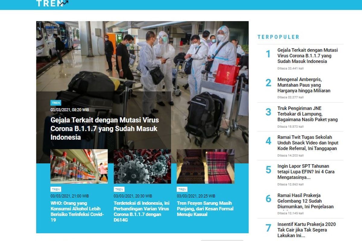 Berita populer di laman Tren sepanjang Rabu (3/3/2021) hingga Kamis (4/3/2021) pagi.
