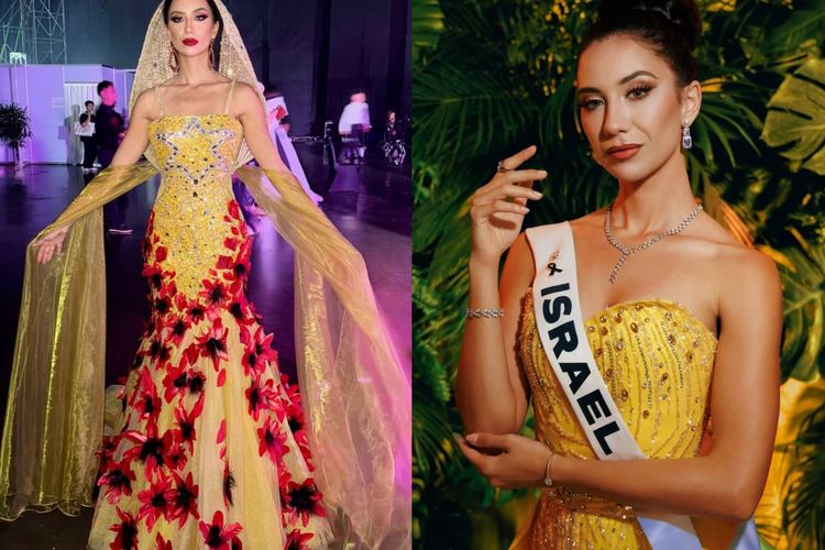 Miss Universe Israel 2025, Melanie Shiraz, menggunakan kostum nasional dengan hiasan bunga anemone merah yang merupakan bunga asli Palestina, di sesi National Costume dalam ajang kecantikan Miss Universe 2025.