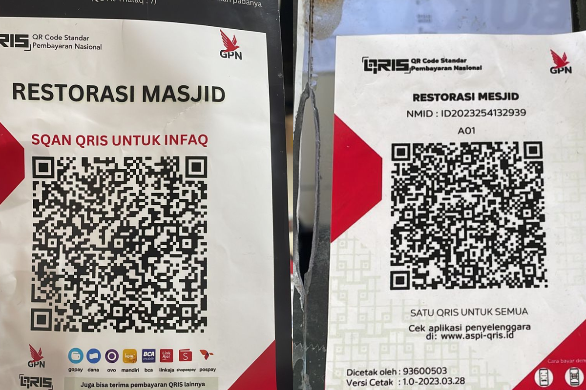 Barcode QRIS palsu yang ditempel oleh terduga pelaku di 12 kotak amal Masjid Agung Al-Azhar, Kebayoran Baru, Jakarta Selatan, Senin (10/4/2023). 