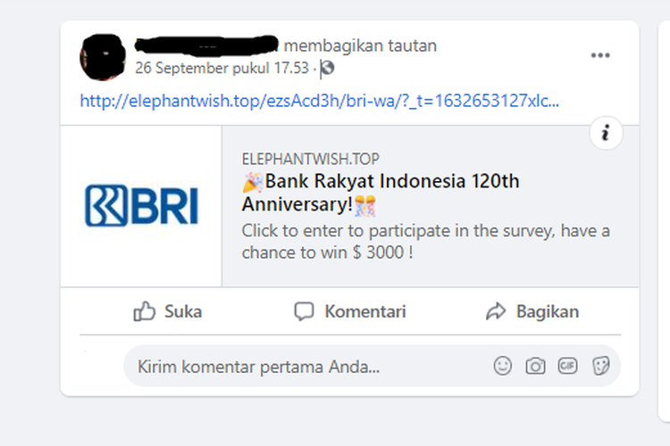 Tangkapan layar adanya hadiah 3.000 dollar AS yang disebut diadakan oleh Bank Rakyat Indonesia (BRI).