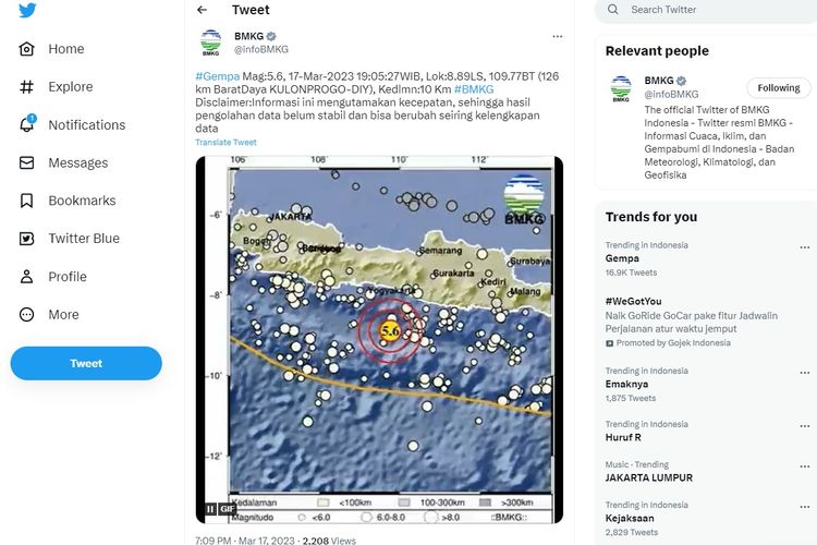 Tangkapan layar informasi gempa di Kulon Progo dari BMKG, Jumat (17/3/2023) malam.