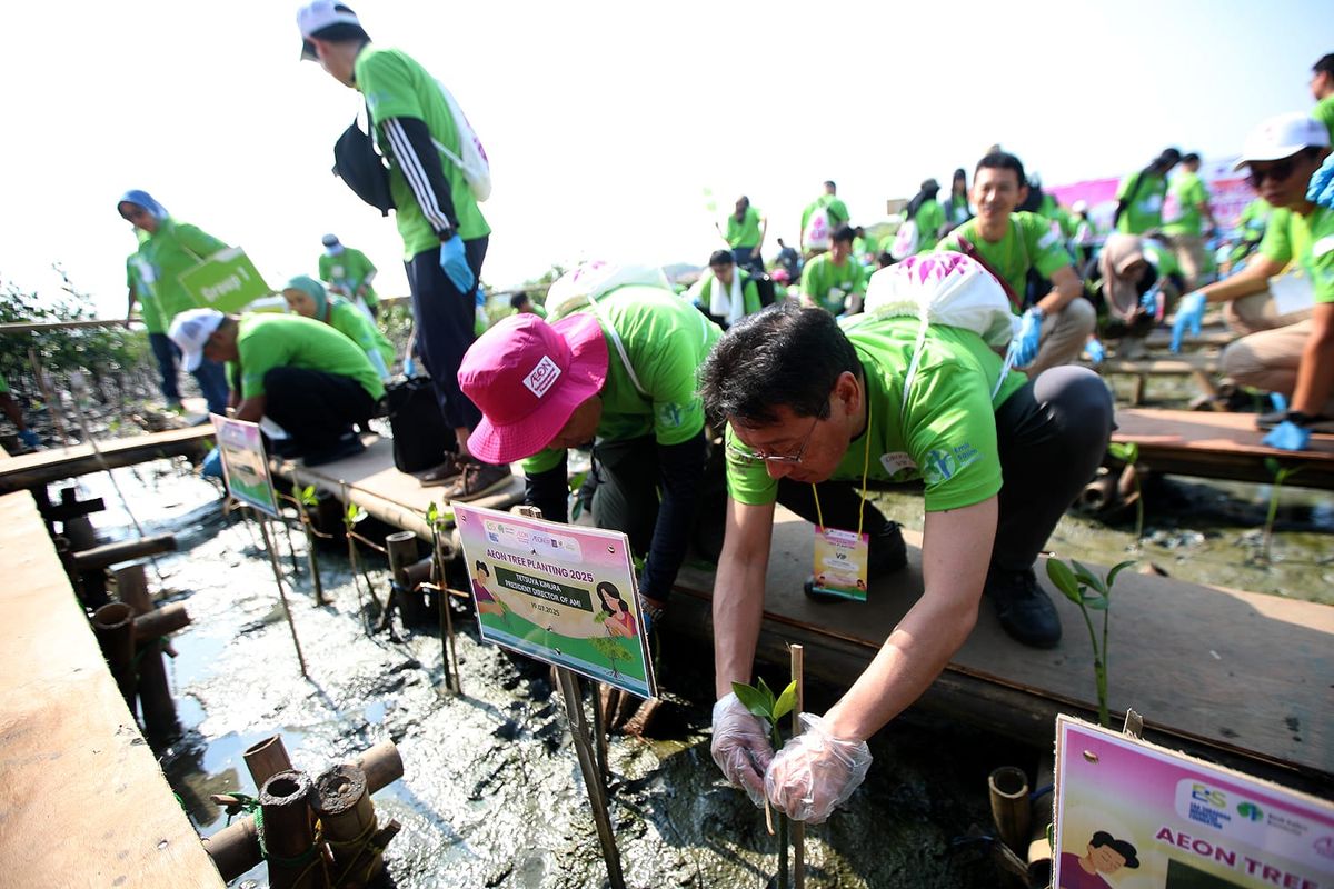 AEF, Emil Salim Institute, dan Pemkab Tangerang menggelar program Penanaman Pohon Tangerang fase pertama di Taman Mangrove Ketapang, Tangerang, Banten (19/7/2025).