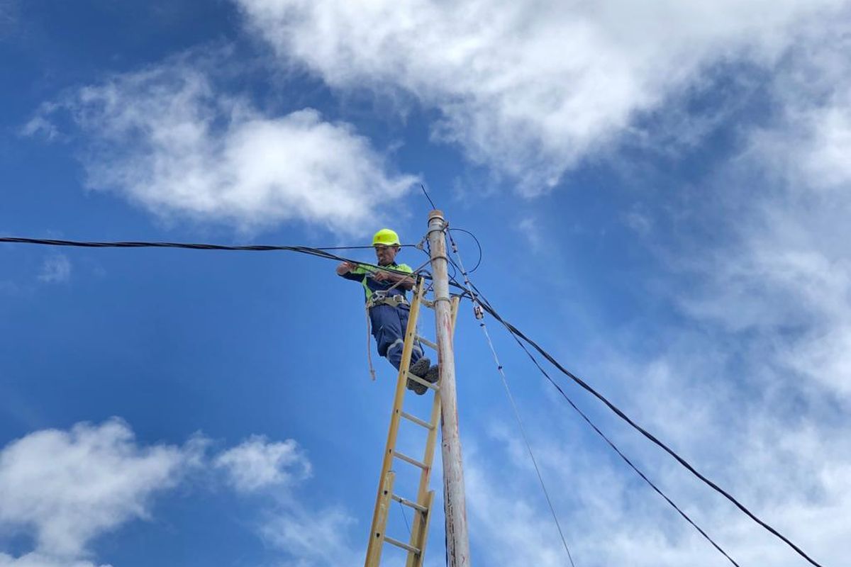 Seorang petugas PLN sedang memasang jaringan listrik di Kepulauan Aru, Maluku