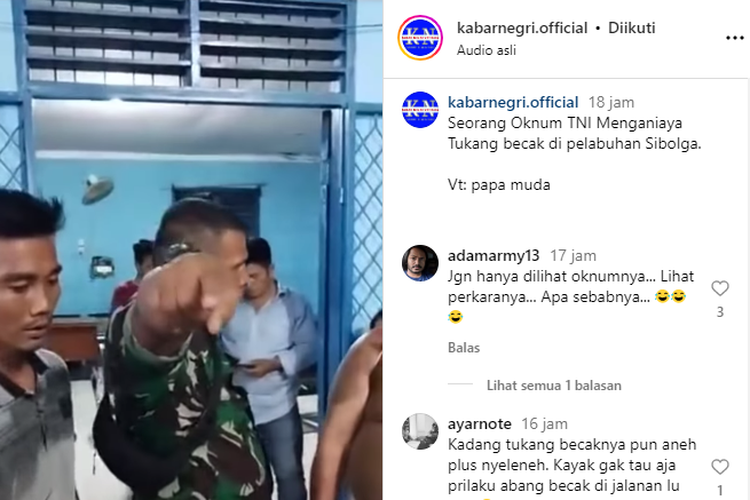 Tangkapan layar unggahan video bernarasi oknum TNI menganiaya tukang becak di Sibolga, Sumatera Utara.