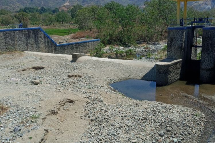 Foto: Kondisi bendungan Ijura di Desa Done, Kabupaten Sikka, debit air menurun material menumpuk.