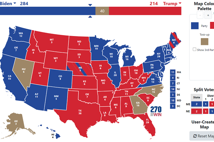 Peta Electoral College hasil terbaru Pilpres AS 2020, Jumat (06/11/2020) yang menunjukan calon presiden (capres) Partai Demokrat Joe Biden telah mengalahkan Presiden petahana Donald Trump. Kemenangan Biden dipastikan setelah dia dinyatakan unggul di Pennsylvania yang memberikannya 284 electoral votes