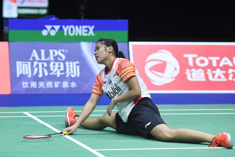 Ekspresi pebulu tangkis tunggal putri Indonesia, Gregoria Mariska Tunjung, saat kehilangan poin melawan pemain Jepang, Akane Yamaguchi, dalam laga semifinal Piala Sudirman 2019 di Nanning, China, 25 Mei 2019.