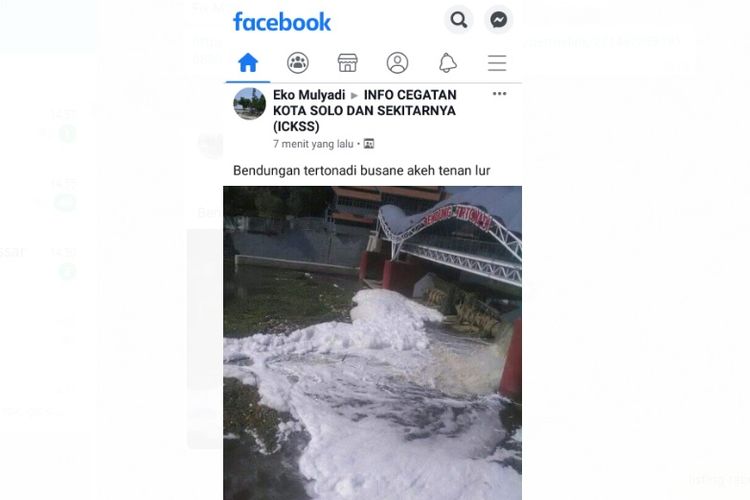 Sebuah unggahan menampilkan Bendungan Tirtonadi berbusa beredar di media sosial Facebook pada Rabu (13/11/2019)