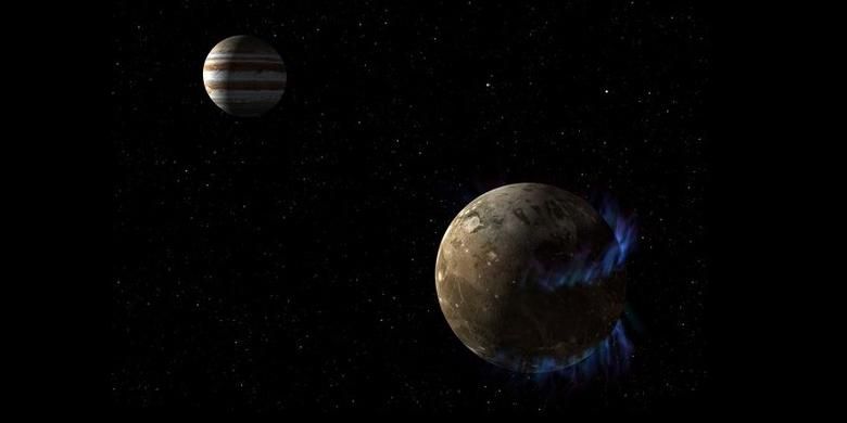 Ilustrasi Jupiter dan Ganymede beserta auroranya. 
