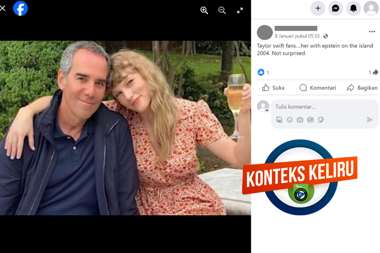 Tangkapan layar konten hoaks di sebuah akun Facebook, Senin (8/1/2024), soal Taylor Swift berfoto dengan Jeffrey Epstein.