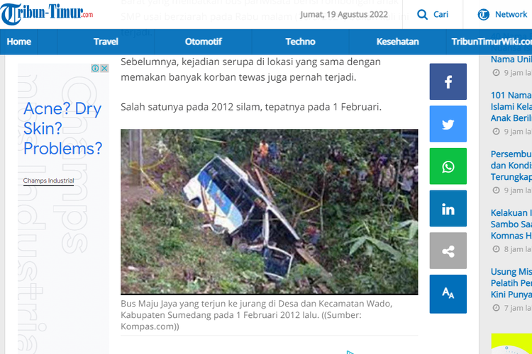 Tangkapan layar artikel Tribunnews.com, 11 Maret 2021, soal bus Maju Jaya yang jatuh ke dalam jurang di Kecamatan Wado, Kabupaten Sumedang, Jawa Barat, Rabu (1/2/2012).