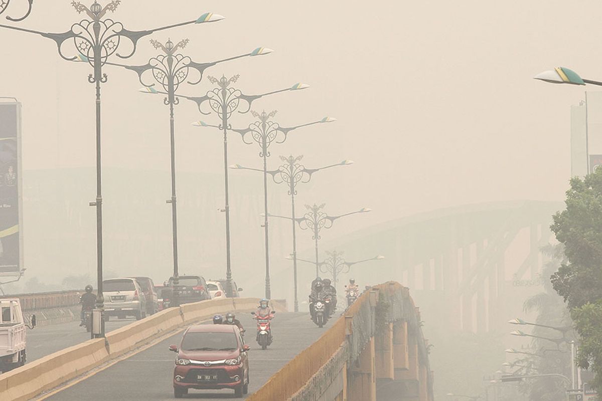 Pengendara menembus kabut asap dampak dari kebakaran hutan dan lahan di Pekanbaru, Riau, Kamis (12/9/2019). Kota Pekanbaru menjadi salah satu wilayah di Provinsi Riau yang terpapar kabut asap karhutla di mana dalam tiga hari belakangan ini kabut asap semakin parah dirasakan masyarakat di kota itu.