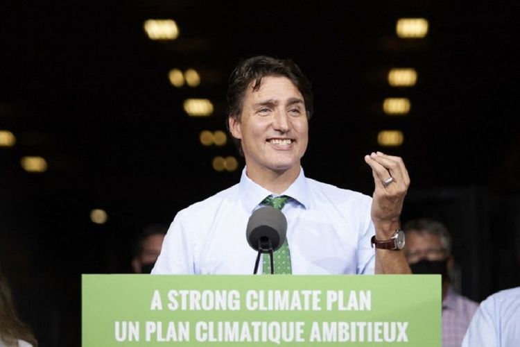 Perdana Menteri Kanada Justin Trudeau berkampanye di kota Cambridge, Ontario, pada 29 Agustus 2021. Pemilu Kanada akan digelar pada Senin (20/9/2021).
