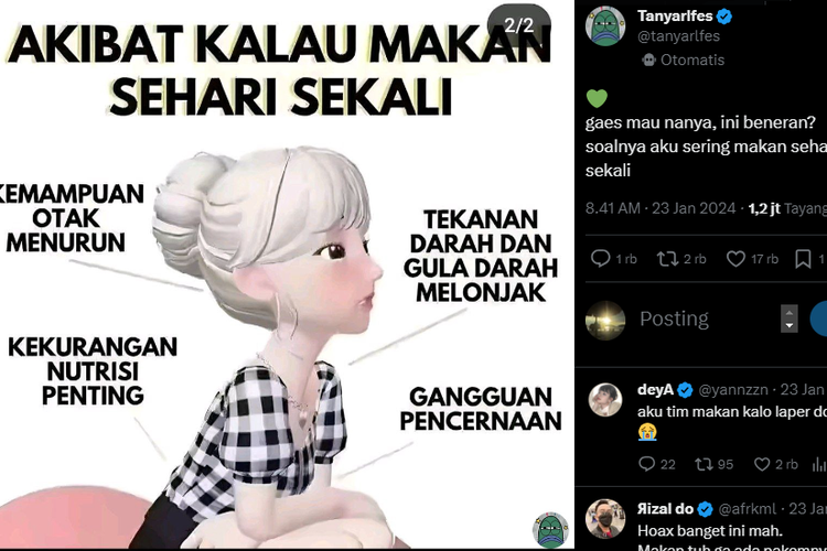 Tangkap layar unggahan soal akibat makan sehari sekali.