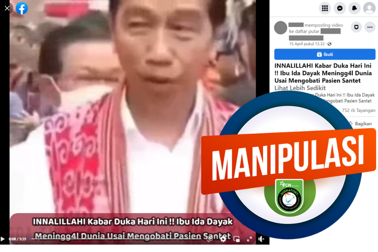 Tangkapan layar konten manipulasi di sebuah akun Facebook, Sabtu (15/4/2023), soal kabar meninggalnya Ida Dayak usai mengobati pasien santet.