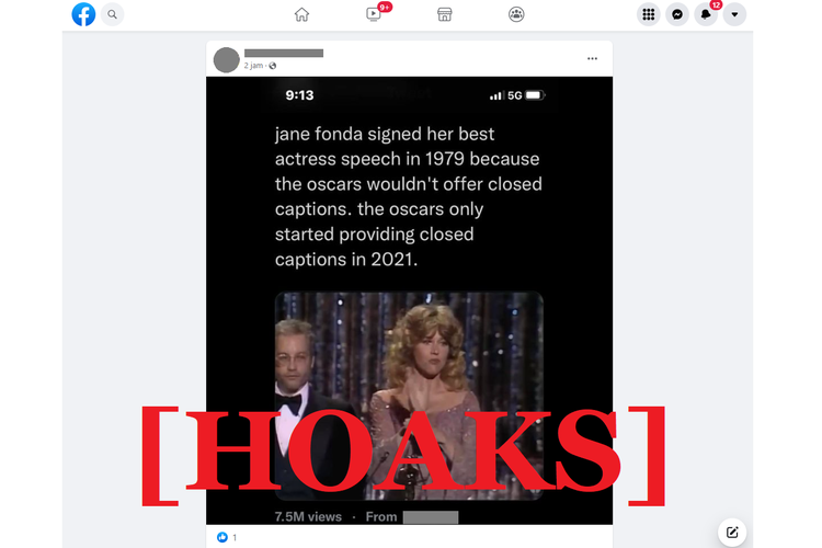 Tangkapan layar unggahan hoaks di sebuah akun Facebook, pada Selasa (29/3/2022), yang menyebut bahwa Oscar yang baru menyediakan CC pada 2021.
