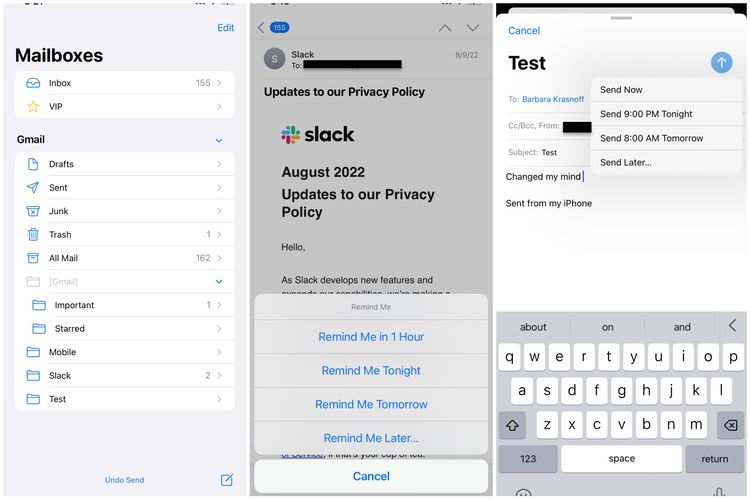 Tampilan fitur baru undo send, remind me later, dan penjadwalan di aplikasi e-mail bawaan perangkat Apple. 