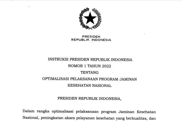 Halaman depan Inpres Nomor 1 Tahun 2022.