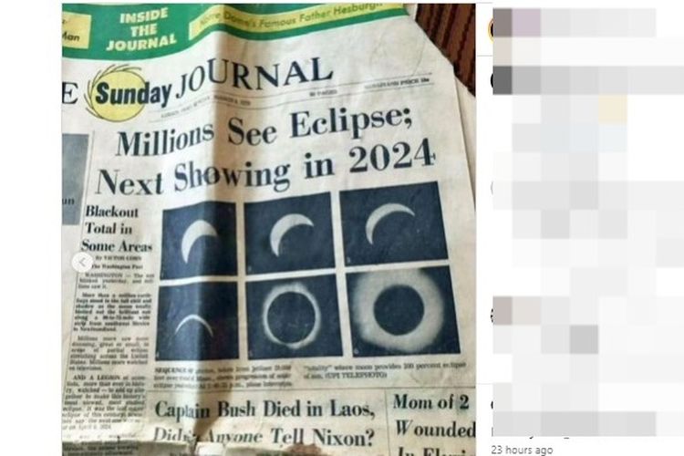 Tangkapan layar unggahan gerhana Matahari total yang sudah diberitakan di koran tahun 1970.