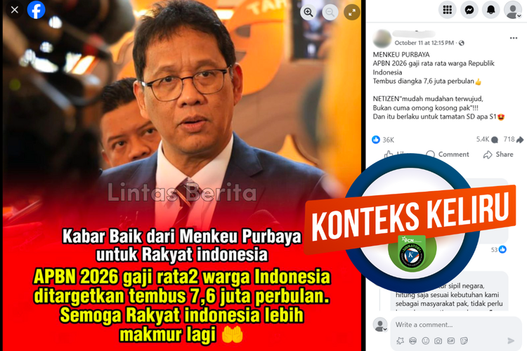 Tangkapan layar konten dengan konteks keliru di sebuah akun Facebook, mengenai target penghasilan rata-rata Rp 7,6 juta per bulan pada 2026.