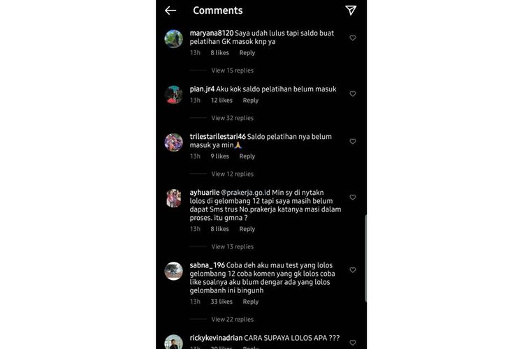 Tangkapan layar komentar di Instagram Prakerja tentang lolos tidaknya mereka di Gelombang 12