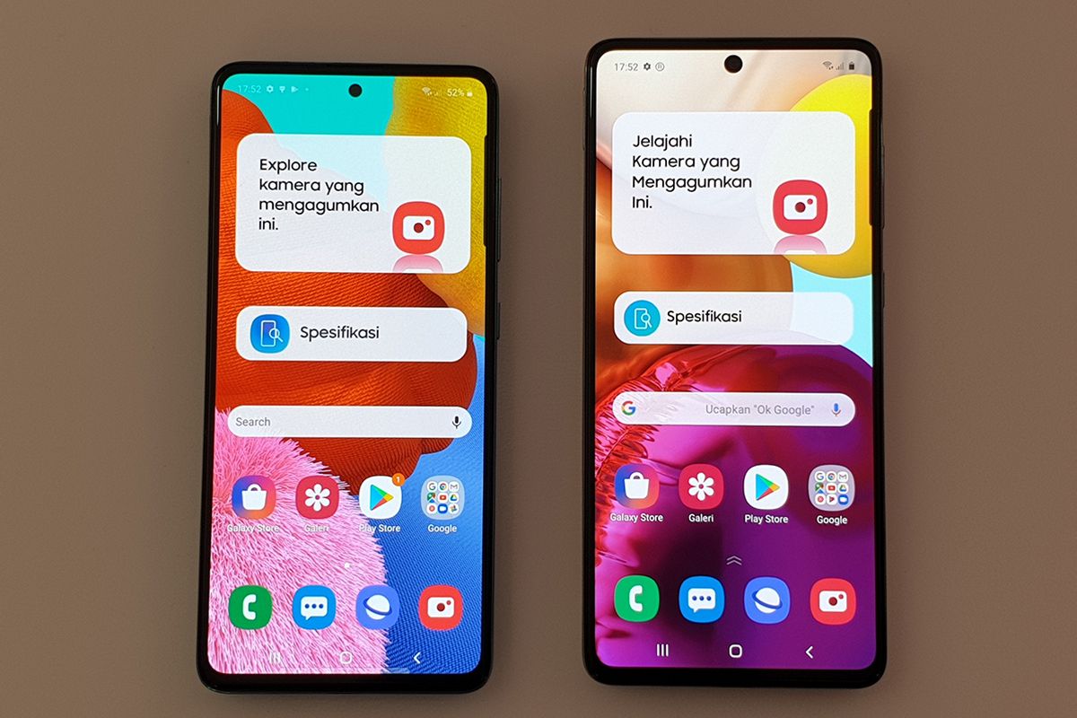 Samsung Galaxy A51 (kiri) dan Galaxy A71 dalam acara peluncuran di Jakarta, Selasa (14/1/2020).