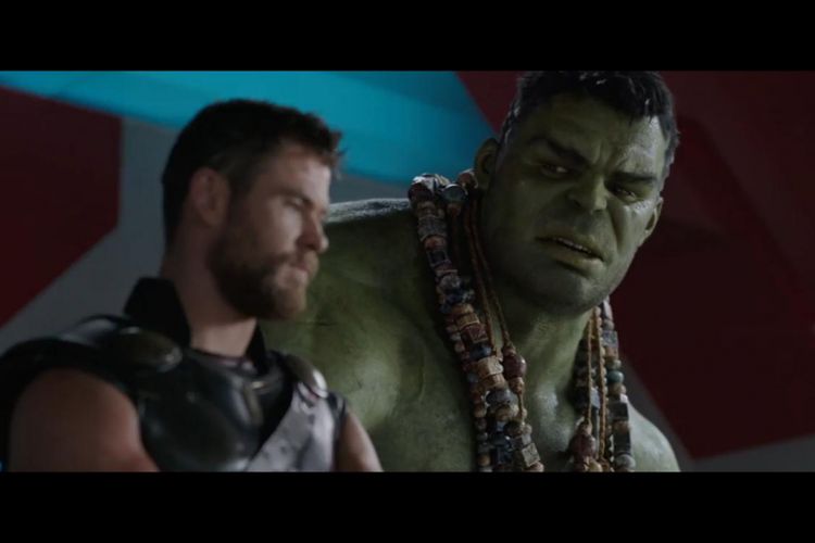 Adegan dalam film Thor: Ragnarok yang menampilkan Thor berbincang dengan Hulk