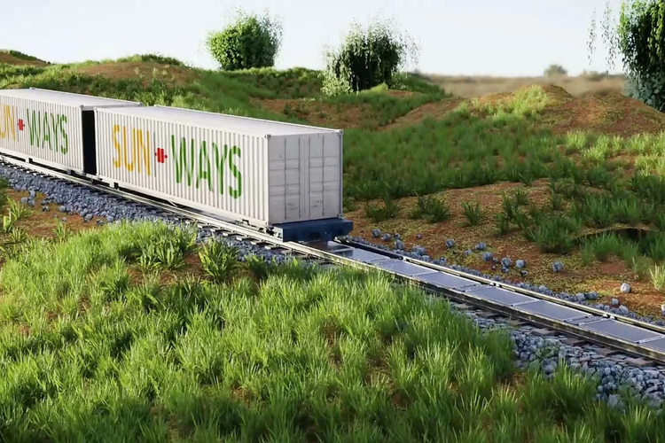 ilustrasi panel surya di rel kereta api yang aktif
