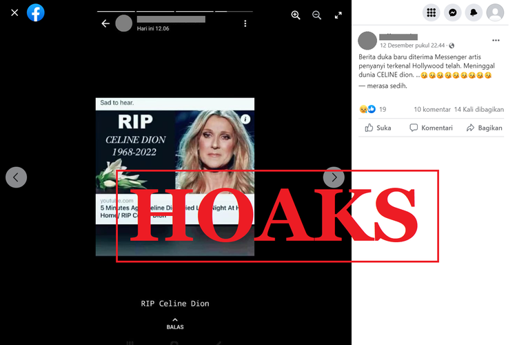 Tangkapan layar unggahan dengan narasi hoaks di sebuah akun Facebook, Senin (12/12/2022), yang menyebut bahwa Celine Dion meninggal dunia.