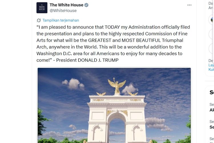 Gedung Putih Rilis Desain Monumen Kontroversial Arc de Trump
