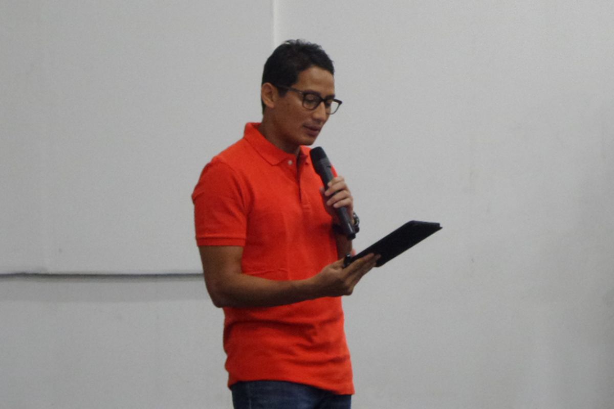 Calon wakil gubernur DKI Jakarta Sandiaga Uno diundang sebagai narasumber seminar kewirausahaan di kampus Bina Sarana Informatika, Cengkareng, Jakarta Barat, Senin (17/4/2017).