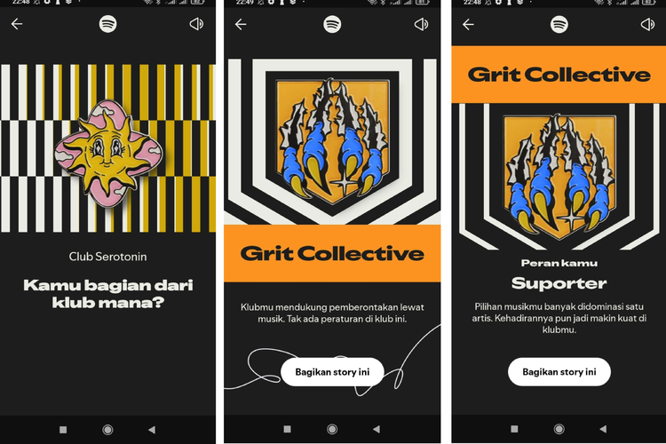 Ilustrasi Spotify Clubs untuk menampilkan klub dan peran yang cocok dengan karakter pengguna dalam mendengarkan musik di Spotify.