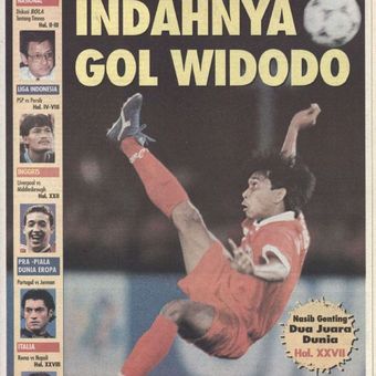 Aksi gol salto Widodo C. Putro ke gawang Kuwait pada laga penyisihan Grup A Piala Asia 1996, 4 Desember 1996.