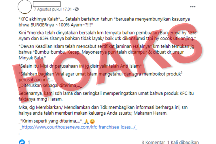 Tangkapan layar unggahan hoaks yang menyebut salah satu produk KFC, yakni burger, mengandung unsur babi sehingga tidak halal.