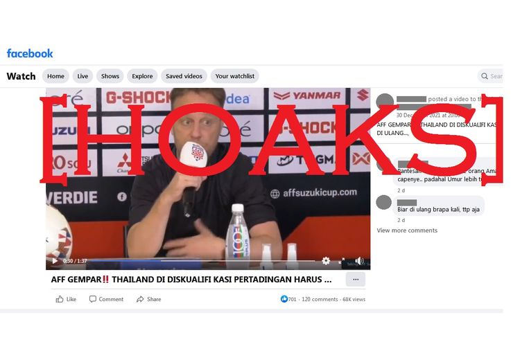 Tangkapan layar video hoaks yang menyebut Timnas Thailand didiskualifikasi dari Piala AFF 2020 karena doping.