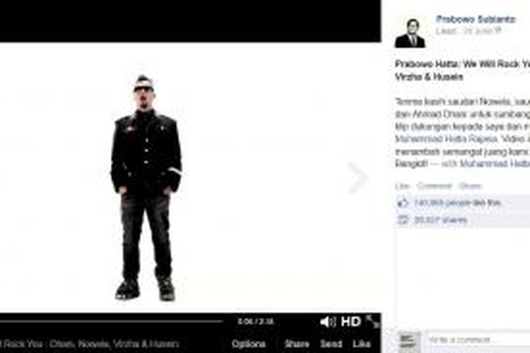 Penampilan Ahmad Dhani dalam video lagu dukungan untuk pasangan calon presiden Prabowo Subianto-Hatta Rajasa yang diunggah dalam laman Facebook terverifikasi Prabowo. Gambar diambil pada Rabu (25/6/2014).