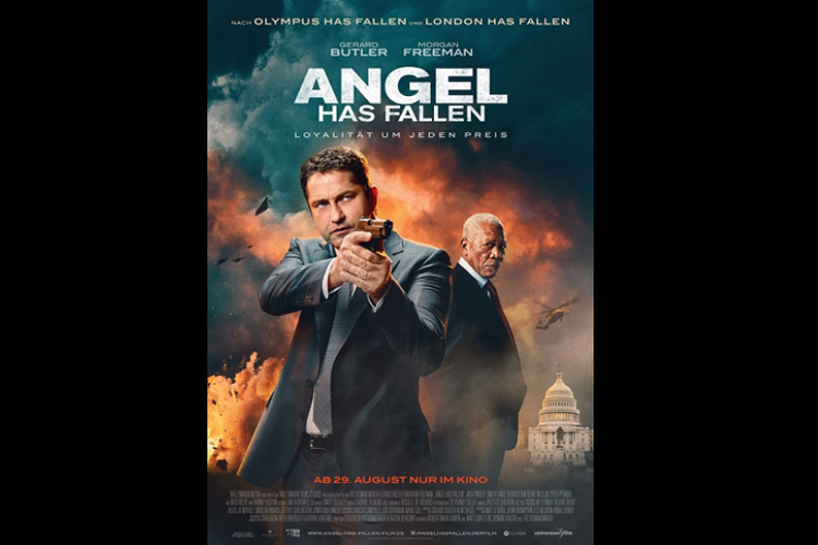 Gerard Butler dan Morgan Freeman dalam poster Angel Has Fallen.
