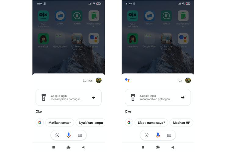 Ilustrasi cara menyalakan Flash HP Android dengan mantra sihir Harry Potter Lumos (kiri) dan mematikannya dengan kata Nox (kanan) di Google Assistant.