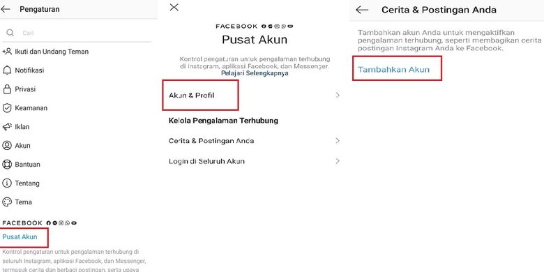 Tangkapan layar fitur Account Center (Pusat Akun) yang memungkinkan pengguna menghubungkan akun di aplikasi Instagram, Facebook, dan Messenger.