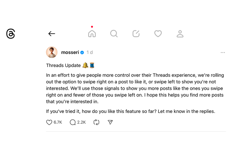Pengumuman CEO Instagram, Adam Mosseri soal fitur dan antarmuka baru di Threads. Pengguna bisa menggeser konten ke kanan jika tertarik, dan geser ke kiri jika tidak disuka/minat