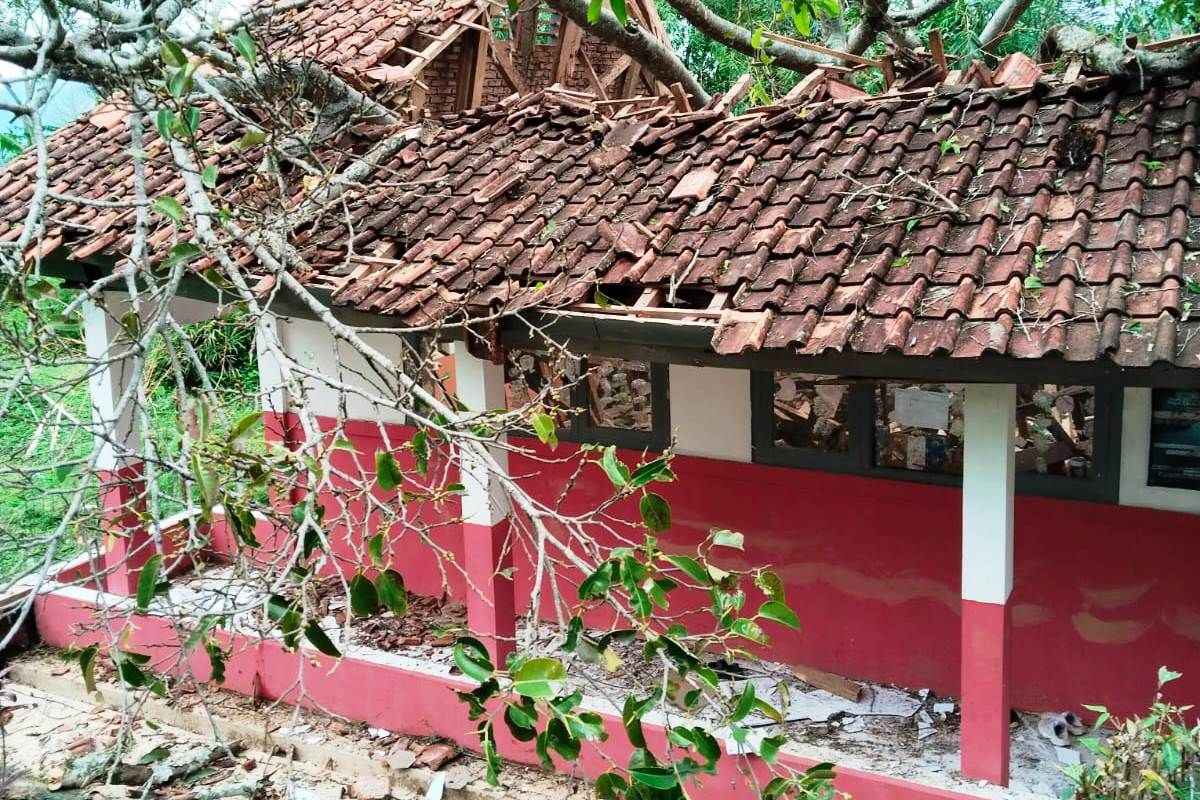 Pohon beringan tumbang menimpa bangunan SD di Kabupaten Cianjur, Jawa Barat, mengakibatkan enam murid terluka, Kamis (31/1/2025)