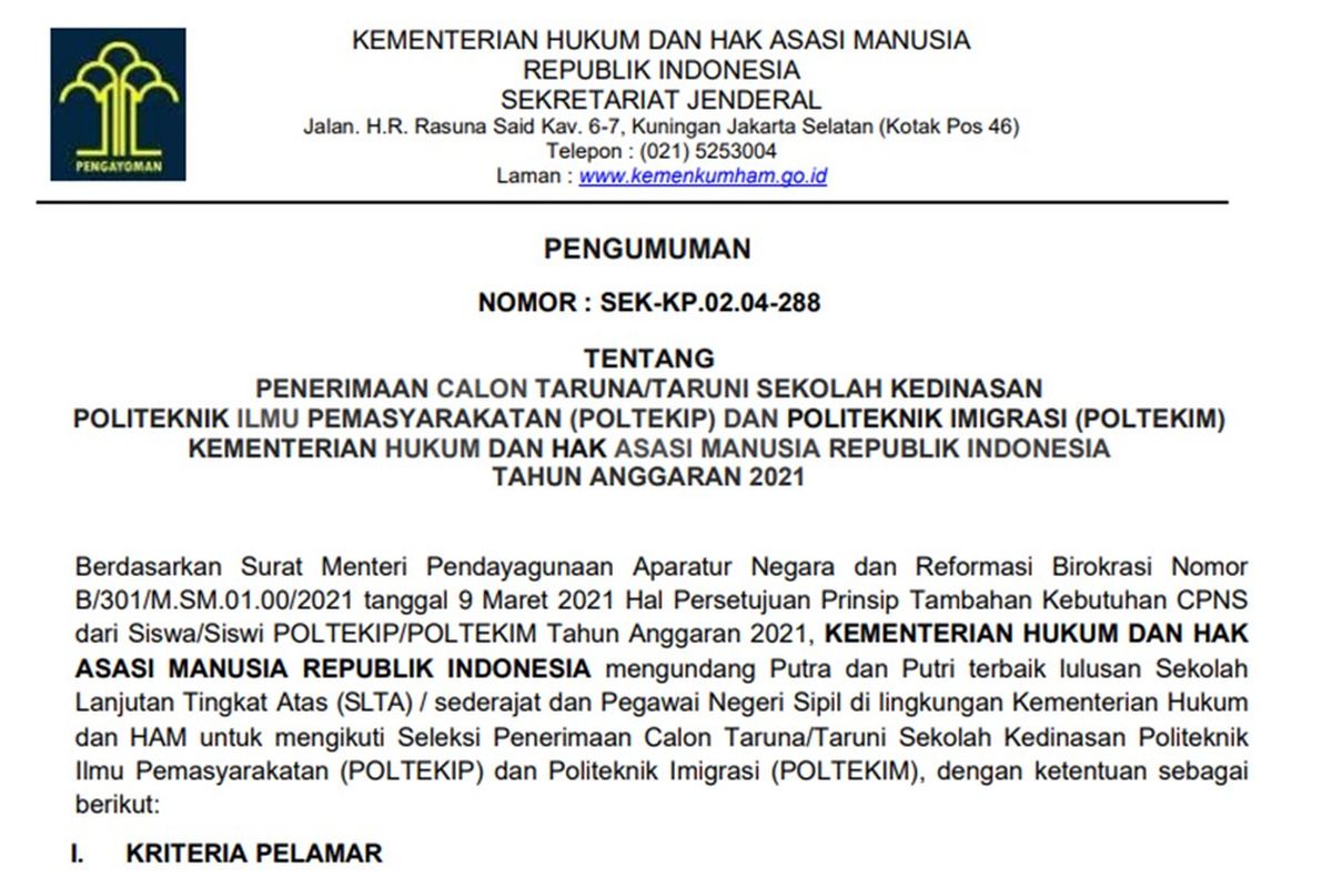 Tangkapan layar pengumuman penerimaan calon taruna/taruni sekolah kedinasan Kementerian Hukum dan Hak Asasi Manusai (Kemenkumham) 2021.