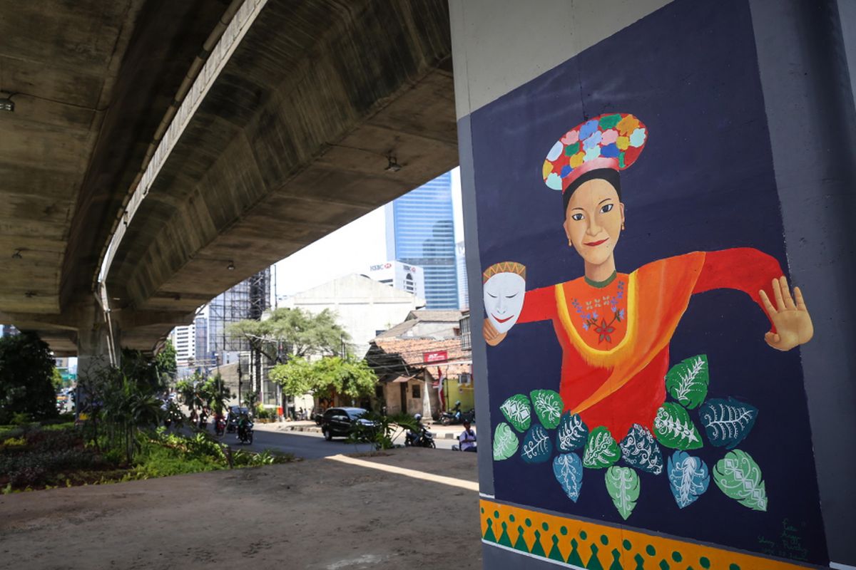 Hasil pengecatan tiang beton di jalan raya non-tol (JLNT), Casablanca, Jakarta Selatan, Senin (4/12/2017). Proyek kerja sama pengecatan di JLNT Casablanca untuk menyambut Asian Games 2018 dan telah melibatkan siswa sekolah menengah kejuruan (SMK) mendapat jatah satu tiang beton untuk dicat.
